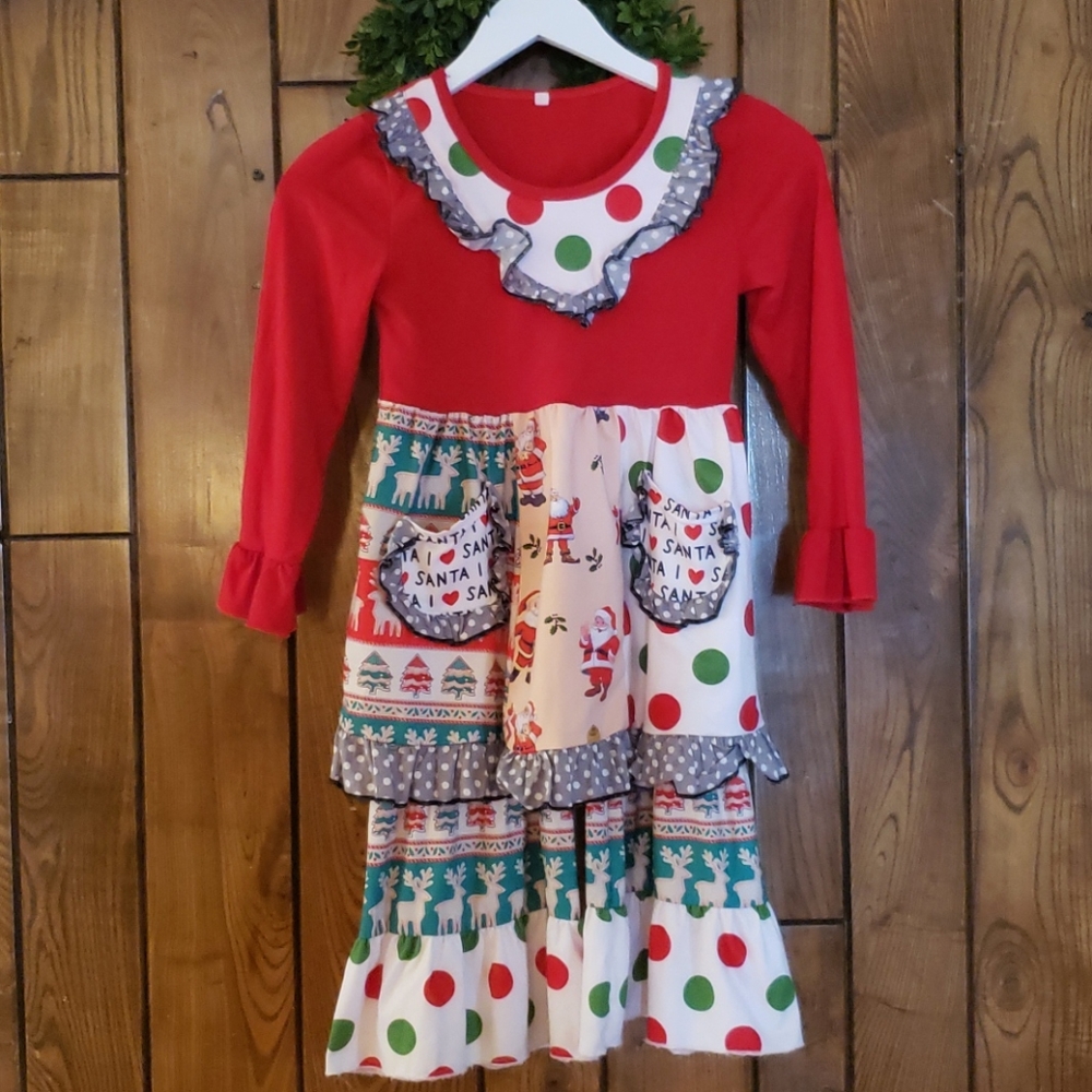 Girl 7-8 Unique Christmas Santa Polka dot 2 piece outfit matching pant top LNC